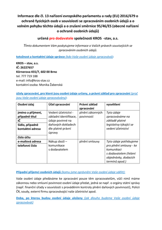 GDPR - inf. čl. 13 pro dodavatele