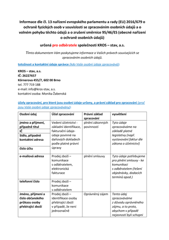 GDPR - inf. čl. 13 pro odběratele